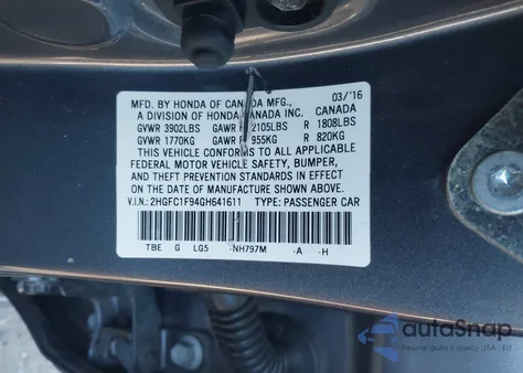 2016 Honda Civic Touring из США, поврежденный, VIN 2HGFC1F94GH641611